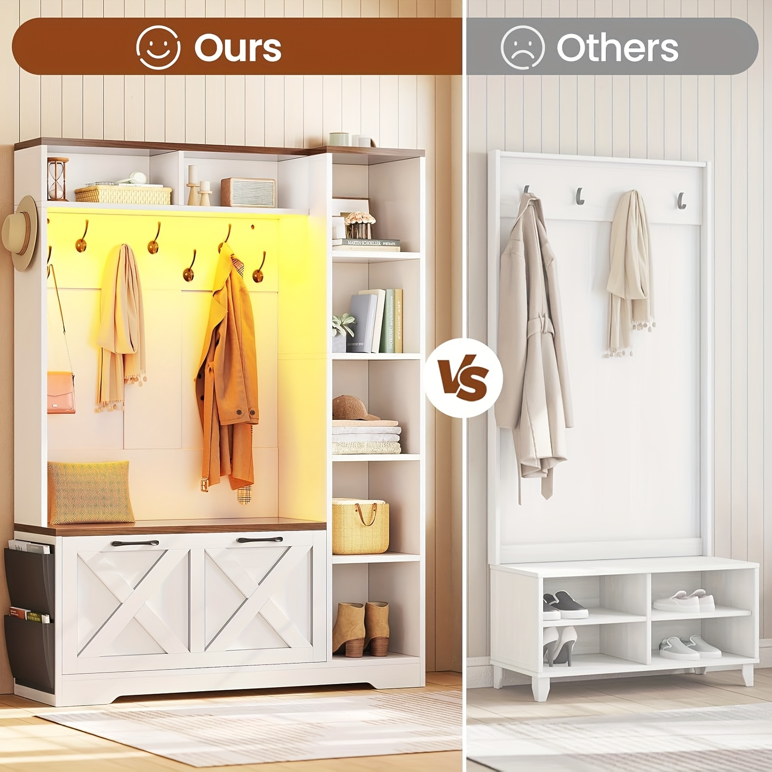 Farmhouse Entryway Organizer with Bench & Shoe Cabinet - 7 Shelves, 10 Hooks, LED Lighting, USB-Powered, White Engineered Wood Storage for Hallway, Living Room, Bedroom - Easy Assembly, No Tools Needed, Entryway Storage, Rustic Charm, Durable Construction, Home Organization, Minimalist Design, Sturdy Construction, Home Decorators