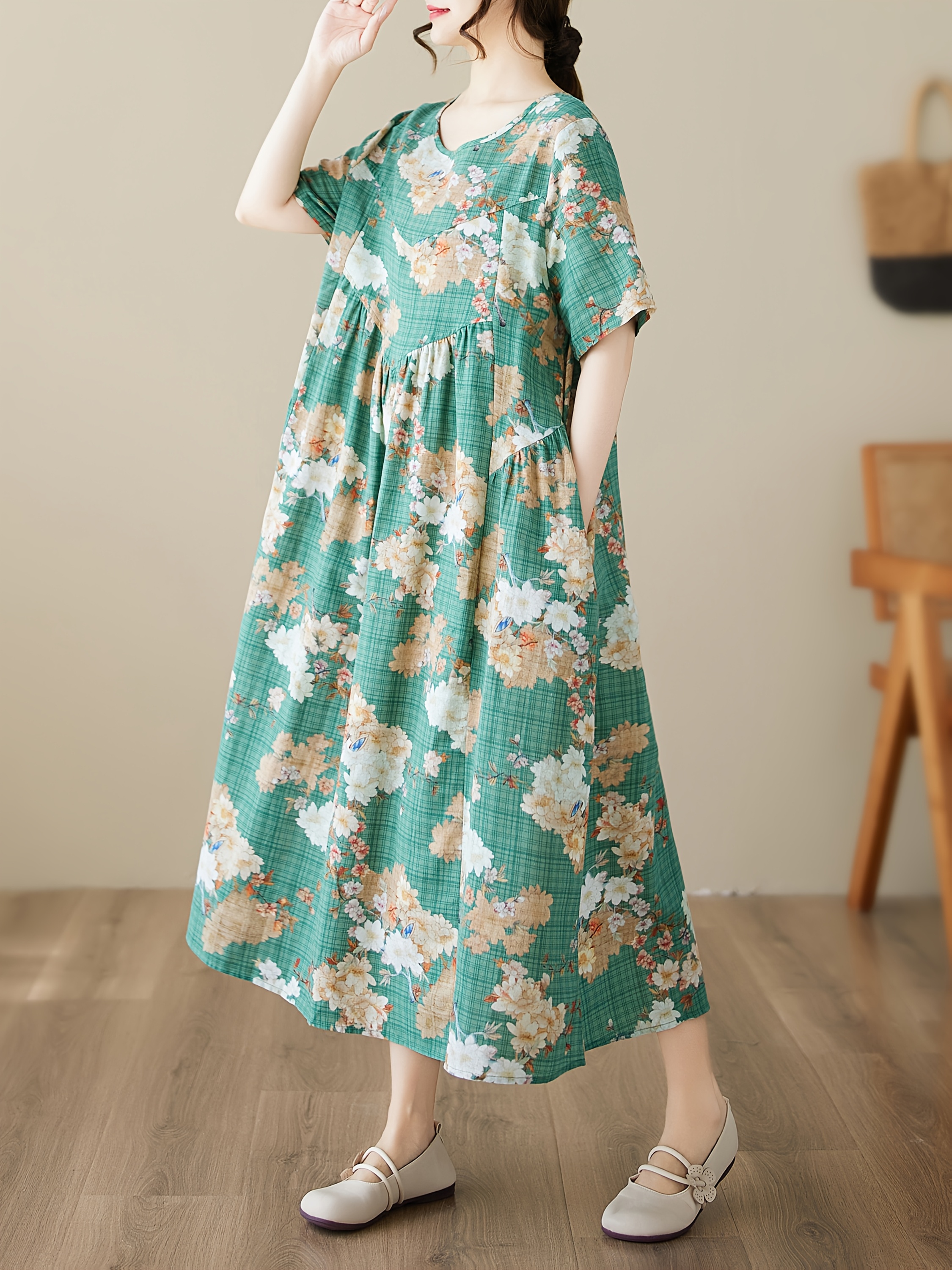 Spring/Summer * Print Round Neck Short Sleeve Linen Dress for Women, Loose  Fit * A-Line Dress