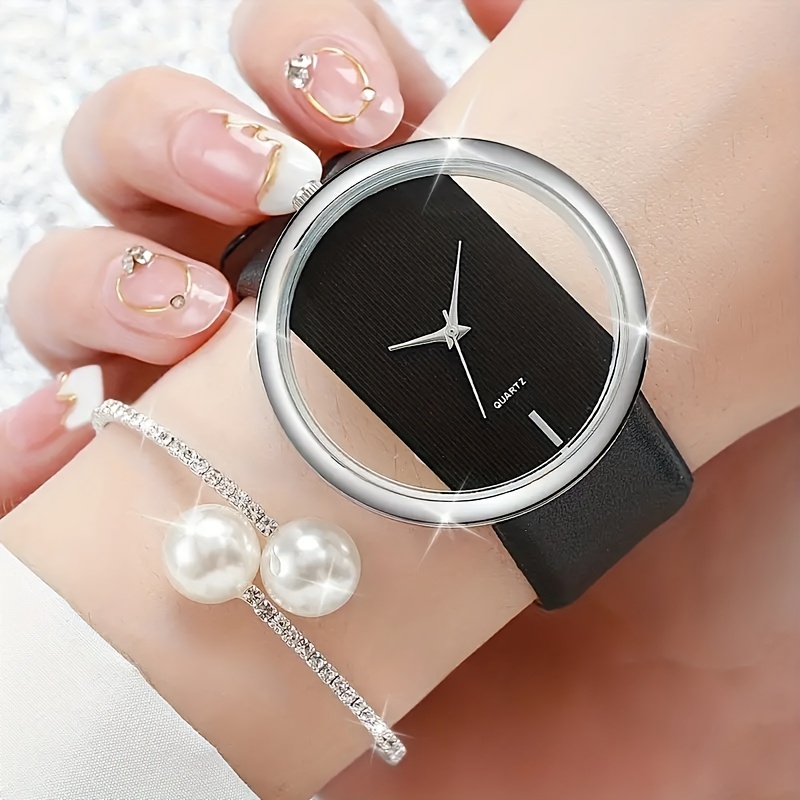 

2 Pcs Quartz Watches Pu Leather Strap Alloy Pointer Alloy Dial And Rhinestone Bracelet Jewelry For Women