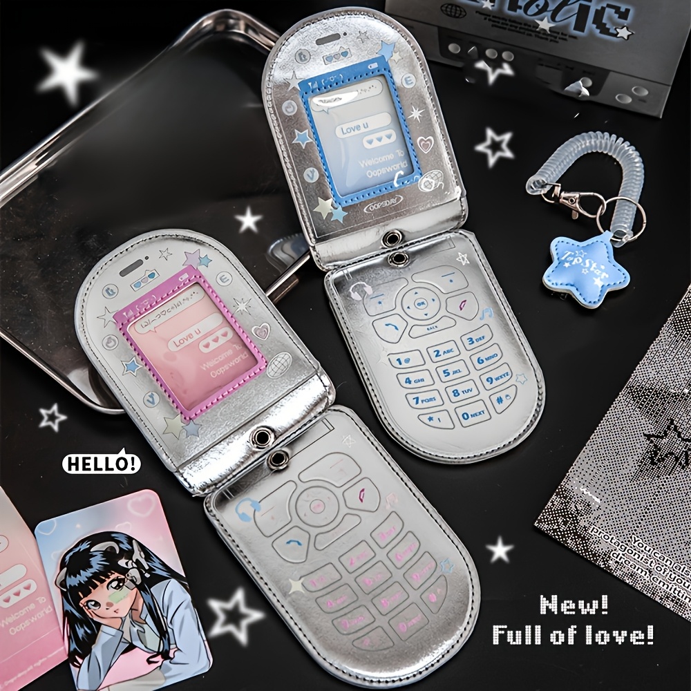 

Flip Phone Card Holder Silvery Face Transparent Window Display File Holder Star Protective Case