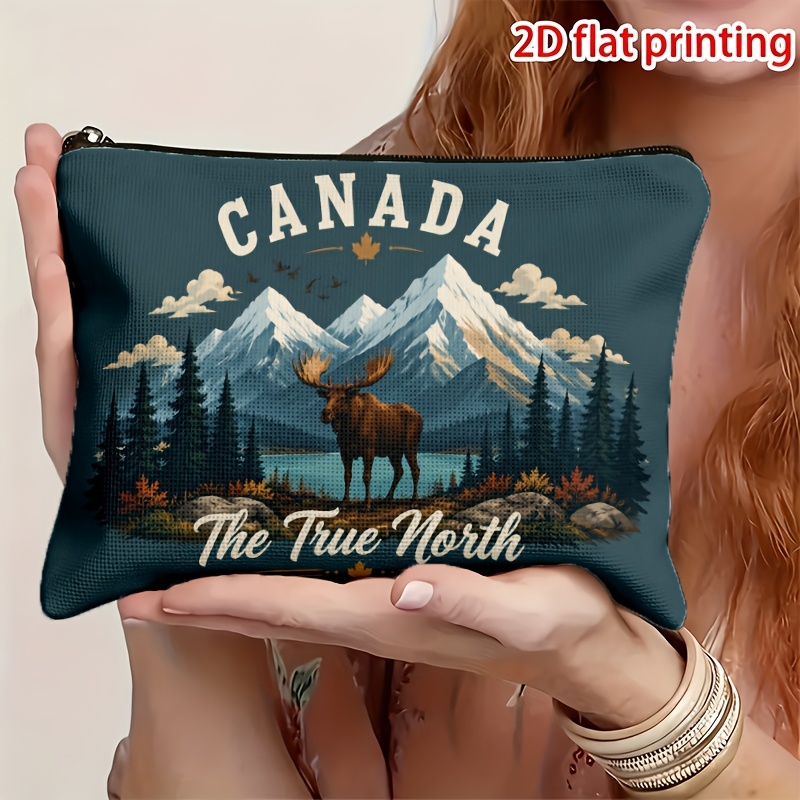 TEMU 1pc 2D IMPRIMÉ PLAT Élan des canadiennes Paysage Lettre anglaise Slogan Double Face Imprimé pour sac de Cosmétique, Organisateur de beauté
