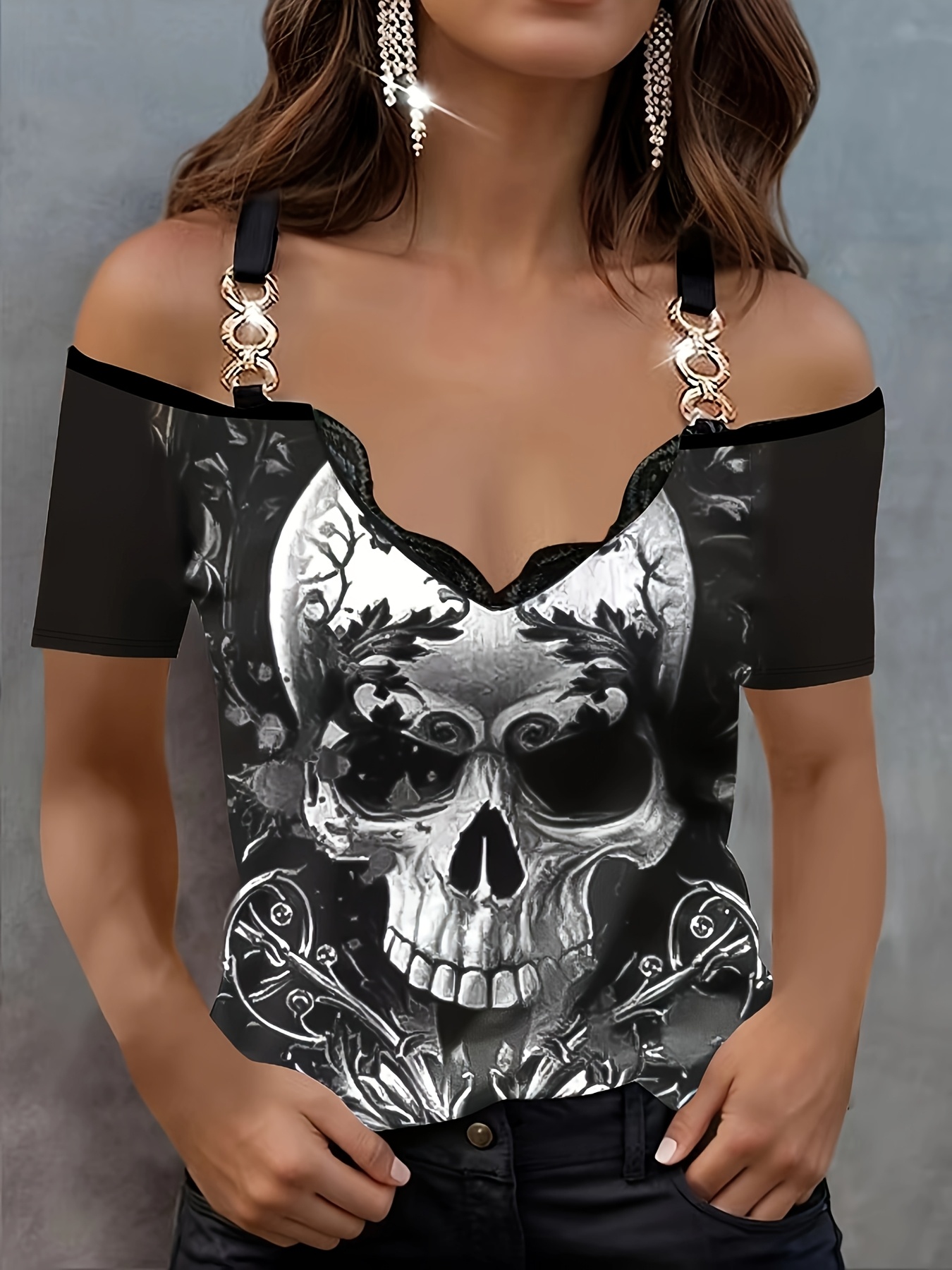 ERL23ss SKULL PRINT CROPPED T−SHIRT skull crop top sold on Temu United States