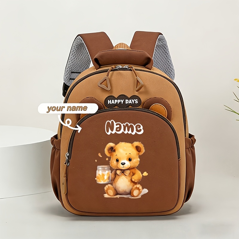 TEMU Mochila casual, personalizada con y mensaje, estampado de oso de dibujos animados con tarro de miel, mochila de nailon duradero, correas de