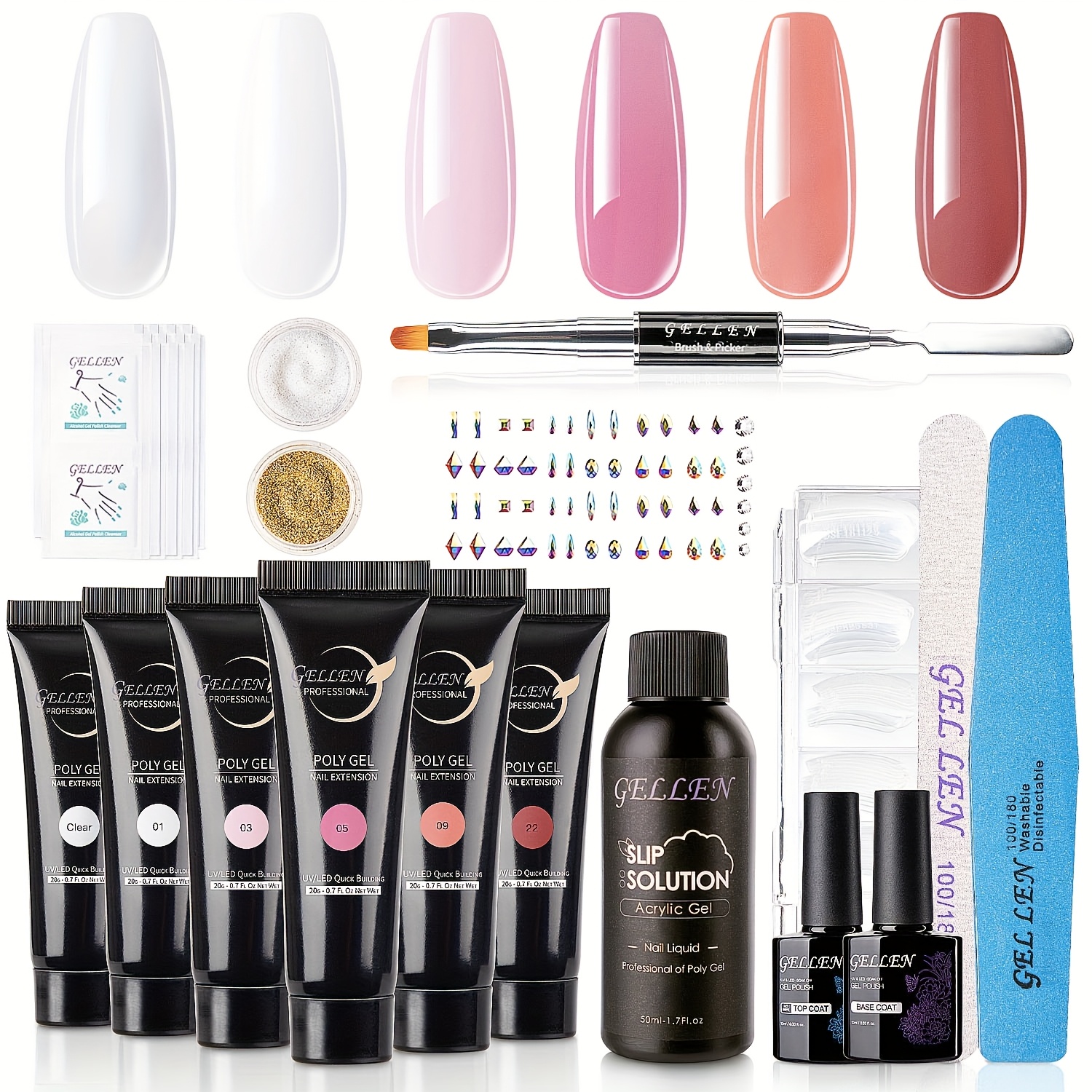 TEMU Kit Gellen Poly Gel - Série Pêche Blanc Transparent 6 Couleurs avec Base et , Solution de Slip, Extension d'Ongles pour Manucure Professionnelle