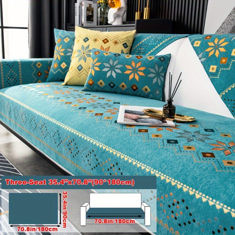 TEMU 1pc Bohemian Chenille Sofa Cover, Geometric Embroidered Pattern Sofa Cover, Sofa Protection Cover, Non Slip Sofa Cover, Bedroom, Office, Living
