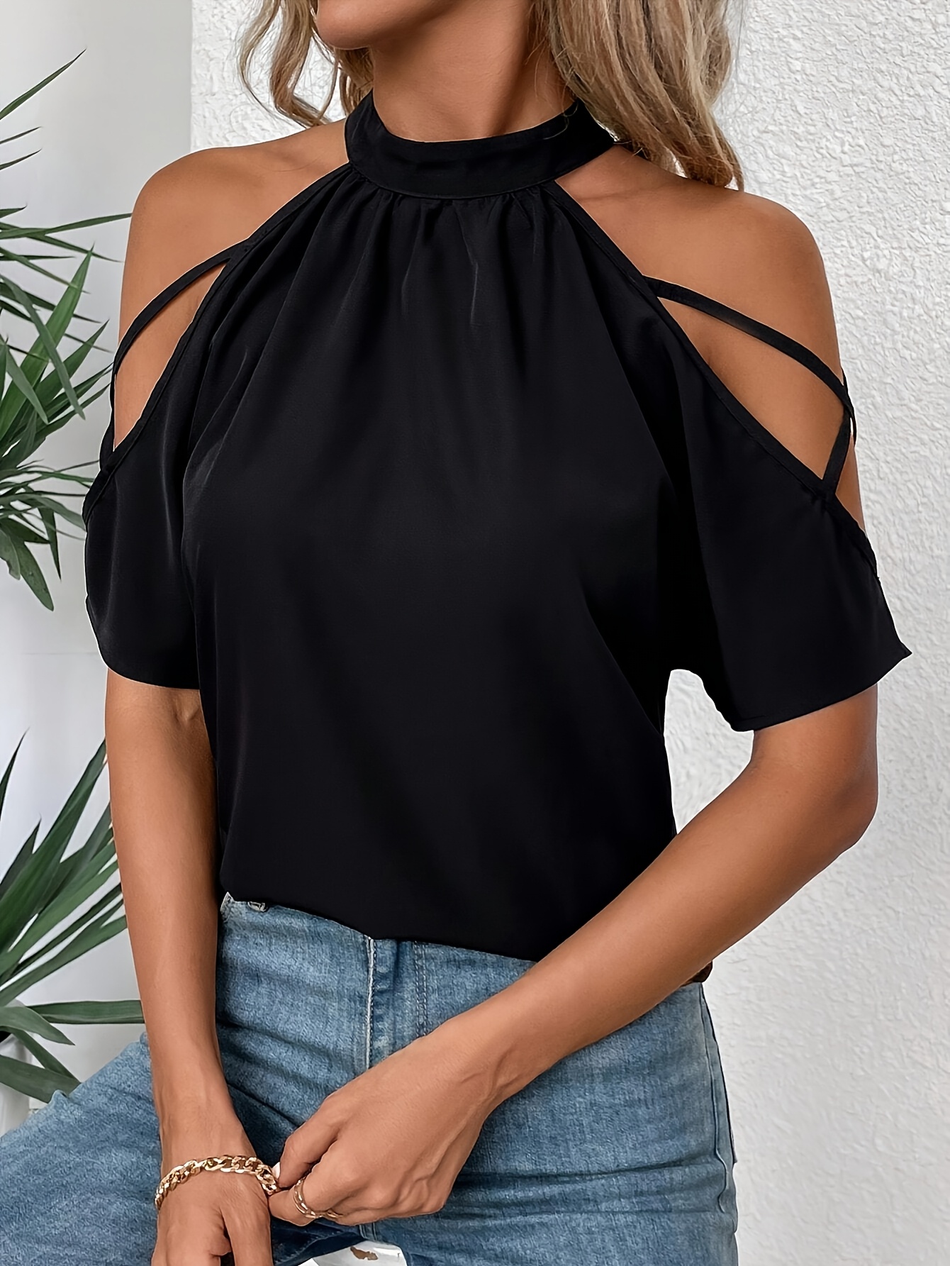 womens halter neck blouse pearl strap detail Temu Oman