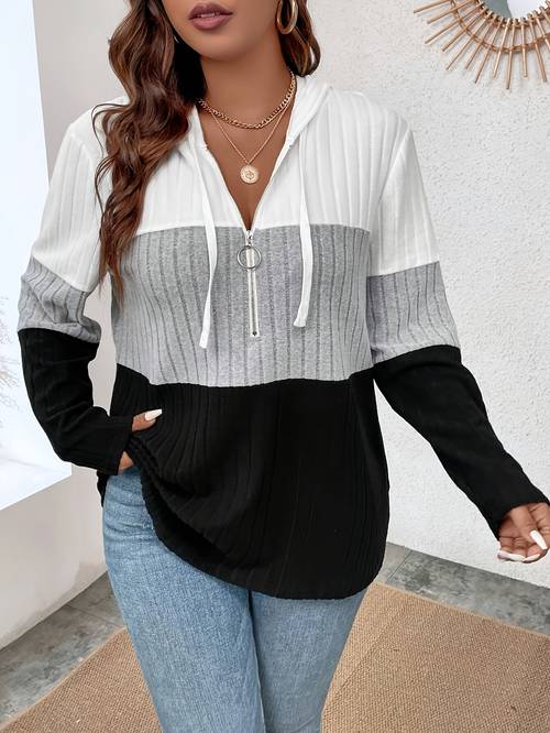 plus size plus size womens plus size v neck zipper detail long sleeve soft ribbed fluffy tricolor casual hoodie