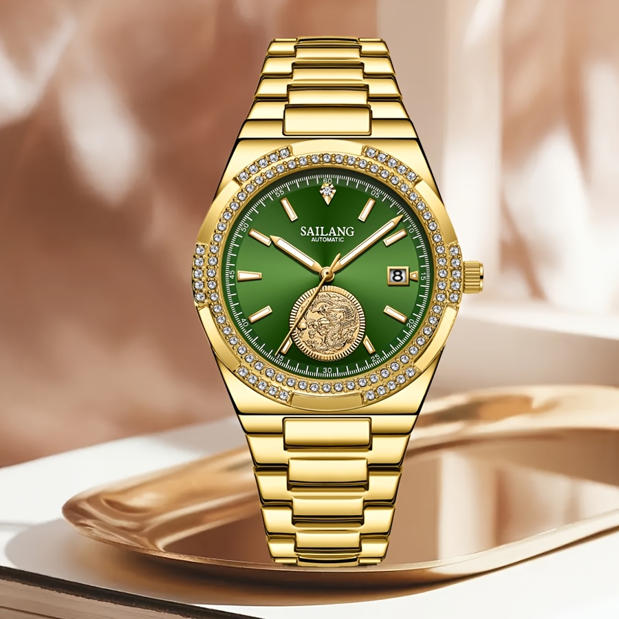 Reloj Mecánico Elegante para Mujer de con Manecillas Fosforescentes,  Correa de Acero Inoxidable Dorado y Grabado de en I - Main Image