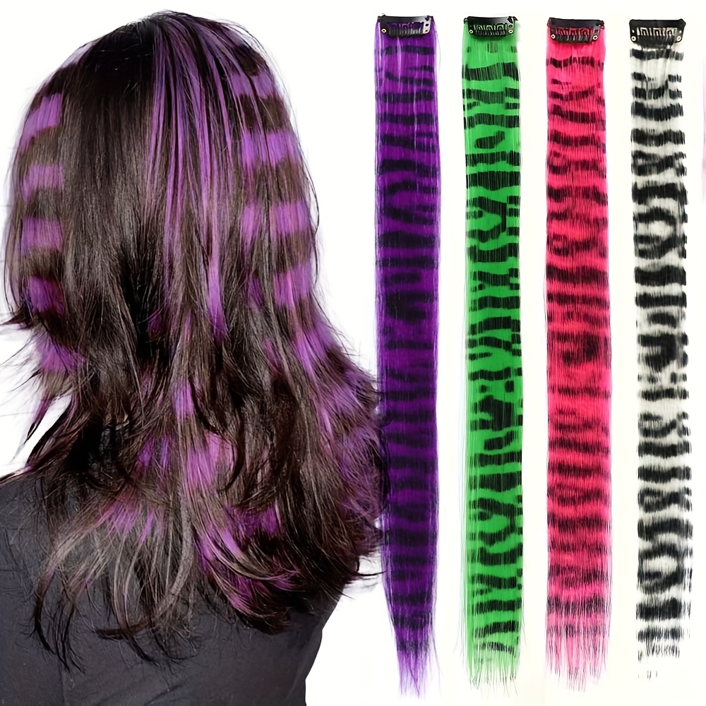 TEMU 4pcs - Y2k Emo Colorful Clip-in Hair Extensions - 18 Inch - Black Streaked Synthetic Weave For Scene Teens, Raccoon Hair, Halloween Hair