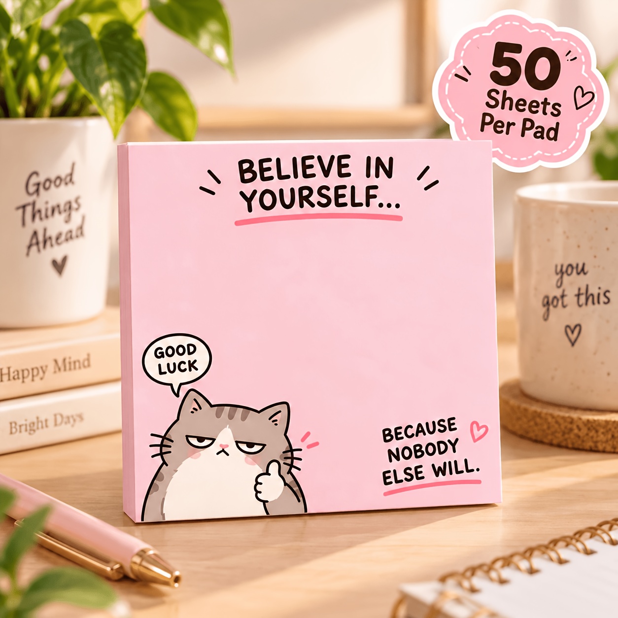 TEMU 1 Pack Of 50 Sheets, Pink Fun Inspirational Cat Sticky Notes, "believe In Yourself" Creative Memo Pad, Self-adhesive Reminder Stickers, Suitable
