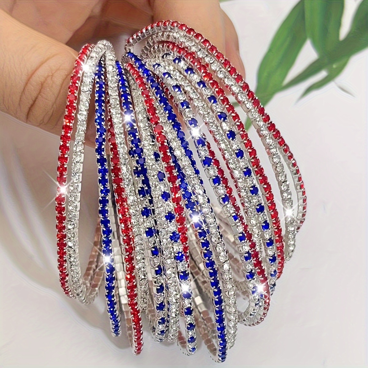 

Patriotic Red, Rhinestone Stretch Bracelets For Women - Silver Plated Copper Elastic Bangles For - Simple, Jewelry - Mardi Gras Accessory - Fits