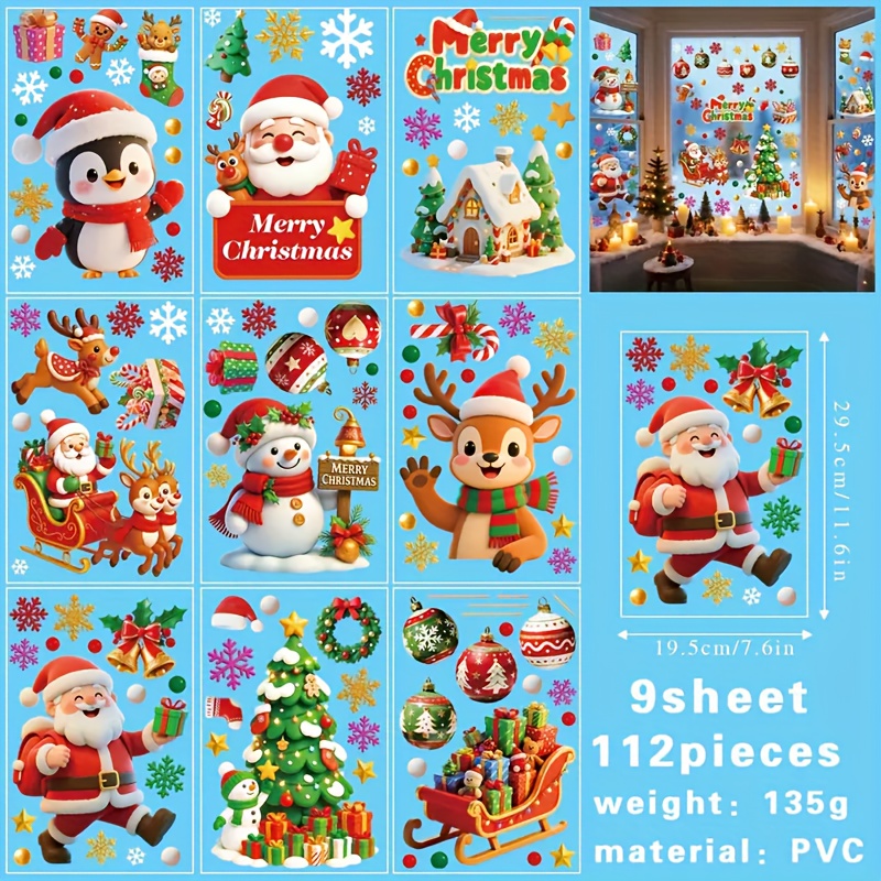 Image of 112pcs/9 Sheets. Christmas Window Stickers - Static Cling Decals, Navidad - Residue-free Window Decorations, Featuring Santa Claus, Reindeer, Snowman, Snowflakes, "merry Christmas" Glass Ball Candy