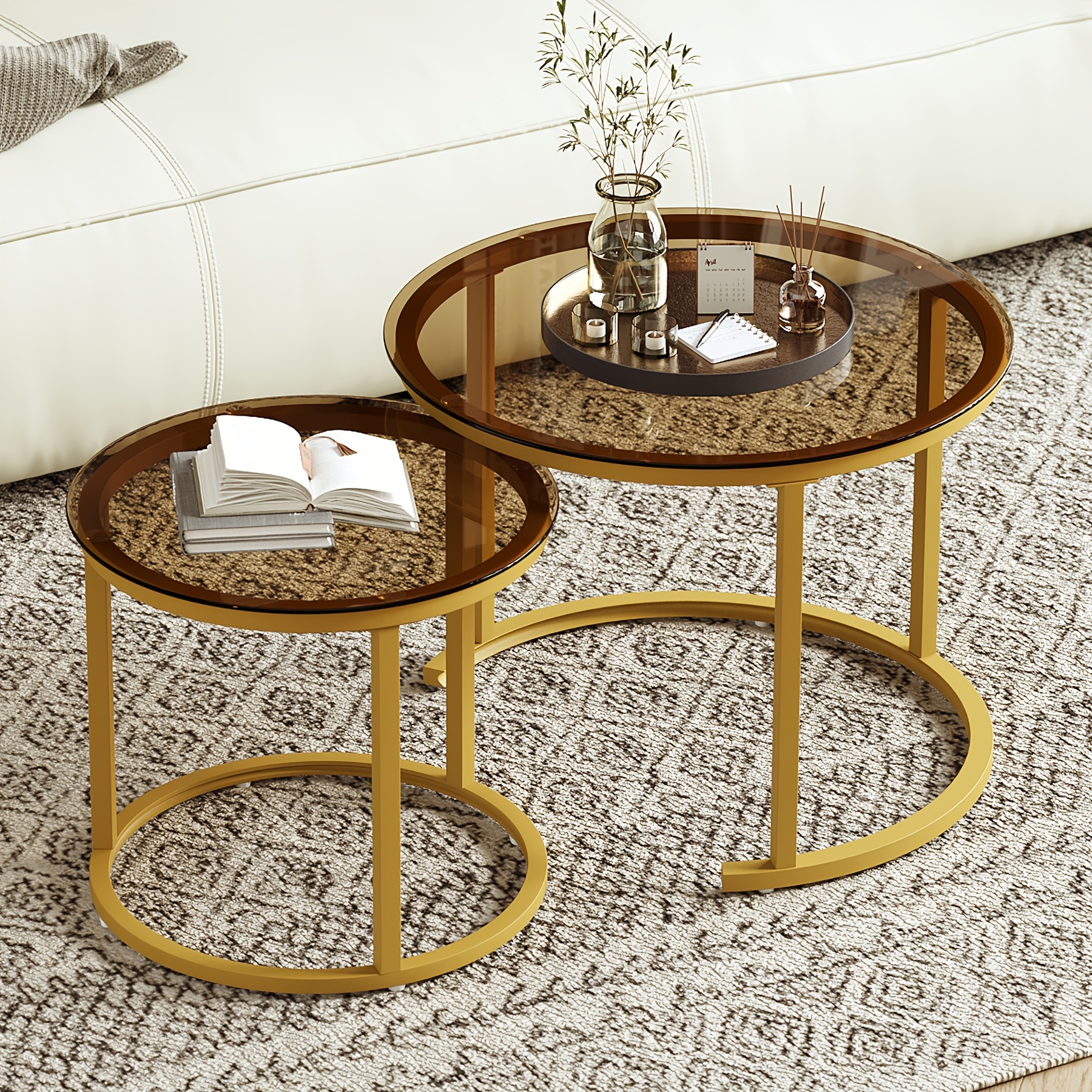 Image of Nesting Table Set, Saving, Round Coffee Table With Transparent Glass Top, Golden Metal, Modern Living Room With 2pcs Round Side Table Set