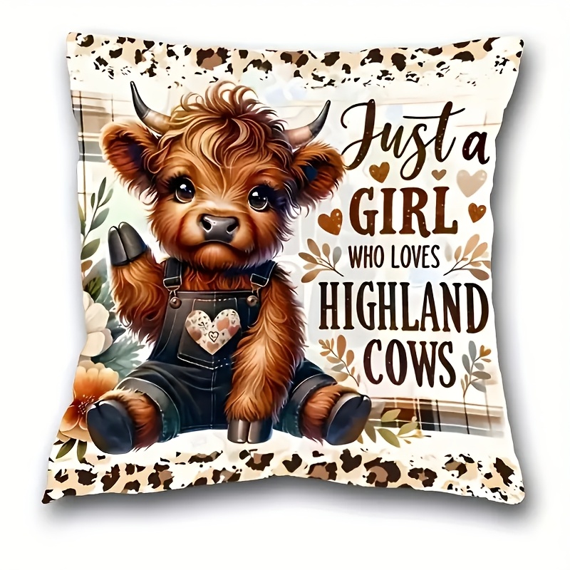 TEMU 1pc Country-rustic Highland Cow Throw Pillow Cover, 17.7x17.7 Inch, Polyester Decorative Cushion Case, Machine Washable, Animal Print, With