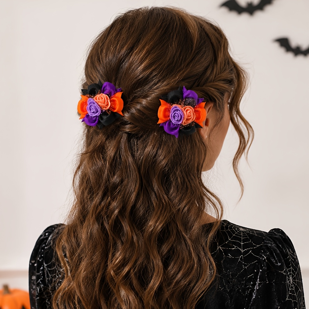 TEMU 2pcs Halloween Grosgrain Ribbon Floral Hair Clips With Rose Decor Elegant Hair Accessories For Fashionable Wear & Holiday Gifts