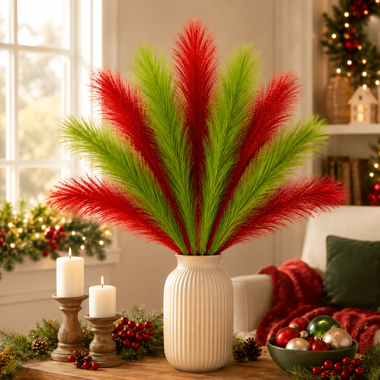 TEMU Festive Red & Green Feathered Reed Arrangement, Elegant Artificial Pampas Grass Stems Forchristmas Holiday Vase Decor, Winter New Year Home