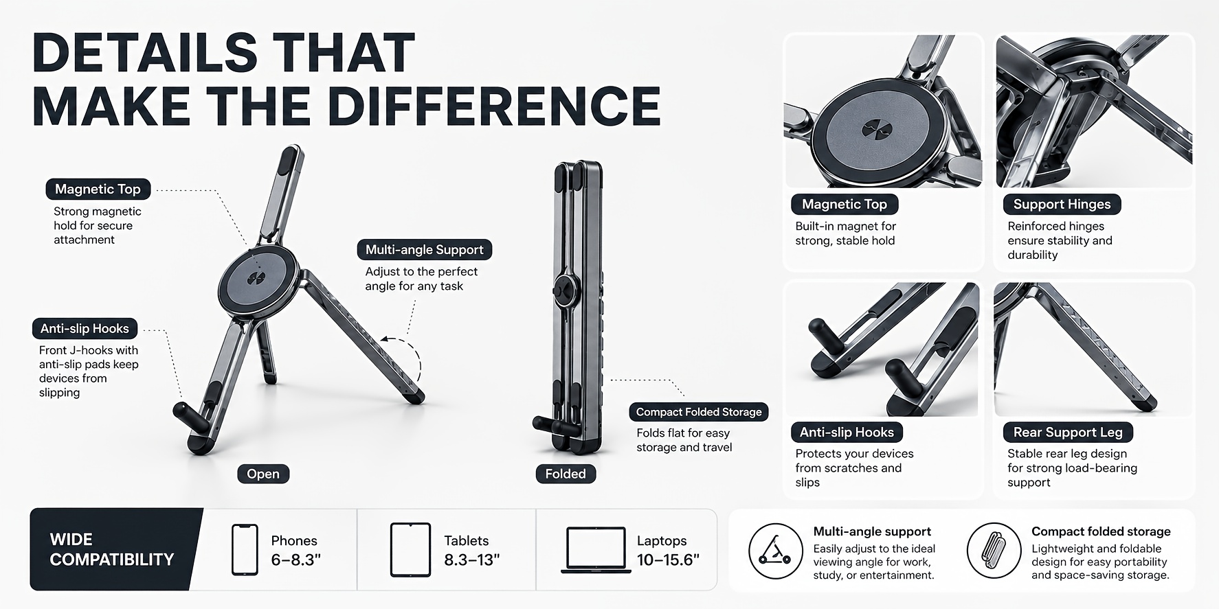 3 in 1 foldable magnetic phone tripod stand portable aluminum alloy adjustable holder for tablet   air 10 to 16 magnet phone mount compatible with magsafe iphone   details 2