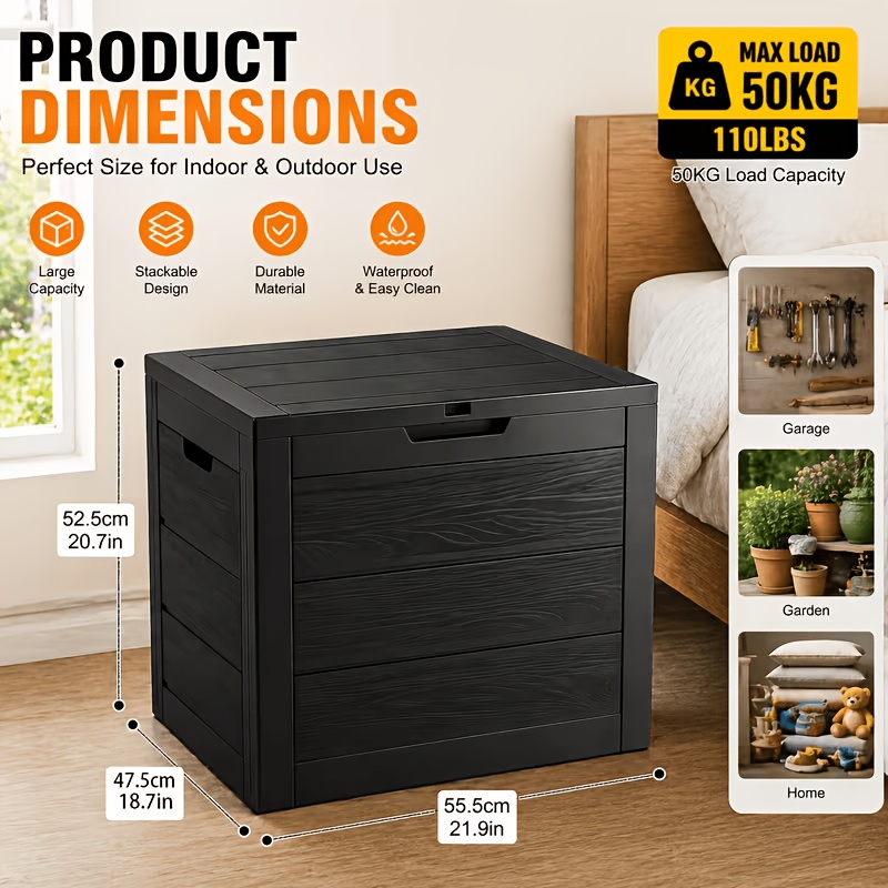 TEMU Black Stackable Outdoor Storage Cabinet With Wood-grain End, Large-capacity Multipurpose Organizer With Side Handles, Durable Waterproof And