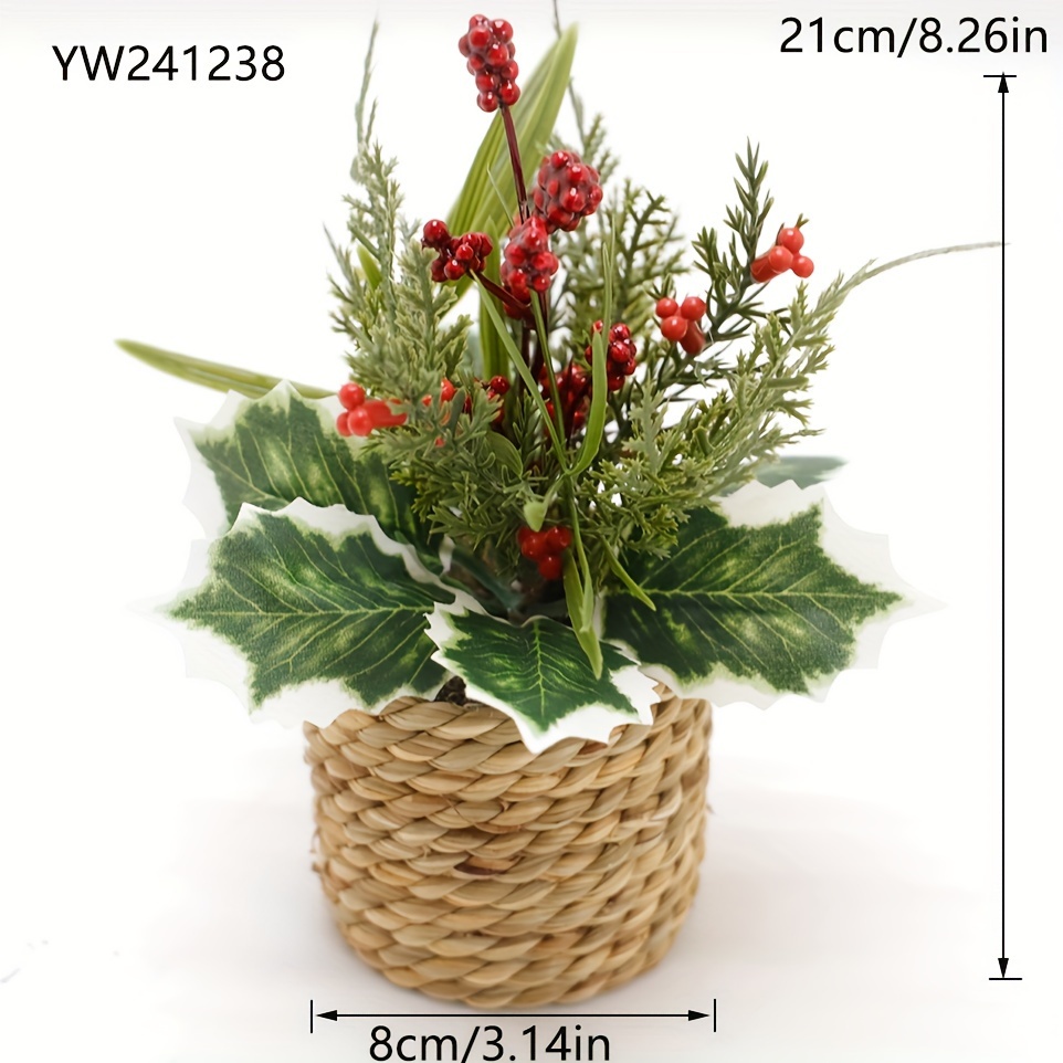 TEMU Charming Mini Christmas Potted Plant With Berries - Home, Office, And Holiday Decor, Best For Christmas, Thanksgiving