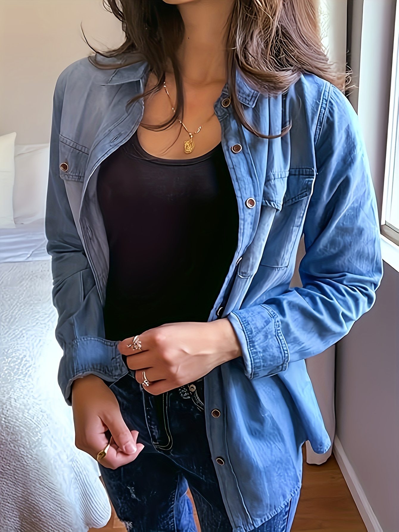 womens casual denim shirt classic long sleeve button down jean top versatile fashion streetwear outdoor indoor apparel details 1