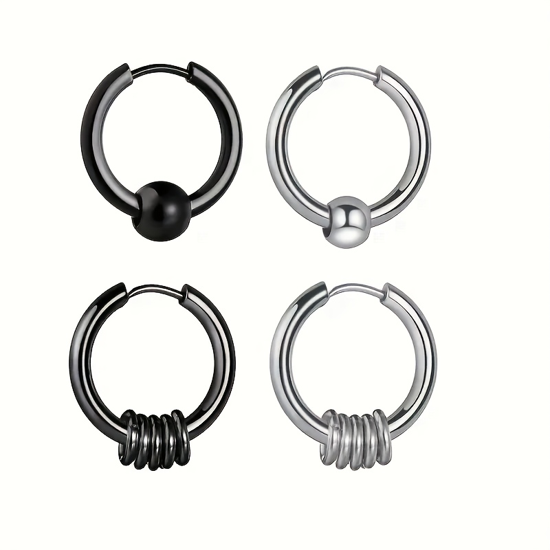 TEMU 4pcs Pendientes de Acero Inoxidable para Hombre, Estilo Hip- Cuentas Redondas y Aros