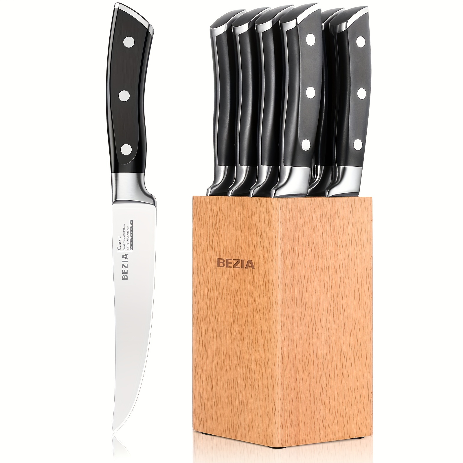 

Steak Knives Set Of 8, Non Serrated Steak Knives With Block, 5 Inch German Stainless Steel Straight Edge Steak Knife With Full Tang Handle