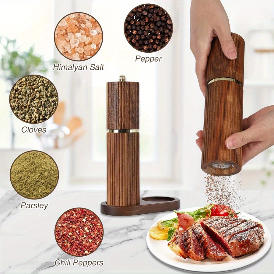 1Set, Acacia Wooden Salt And Pepper Grinder Set with Base, Refillable Salt And Pepper Grinder with Adjustable Coarseness, Acacia Wood Pepper Mill Manual, Salt And Pepper Shakers Matching Wooden Tray Ideal Gift for Christmas, Wedding, Valentine'S Day