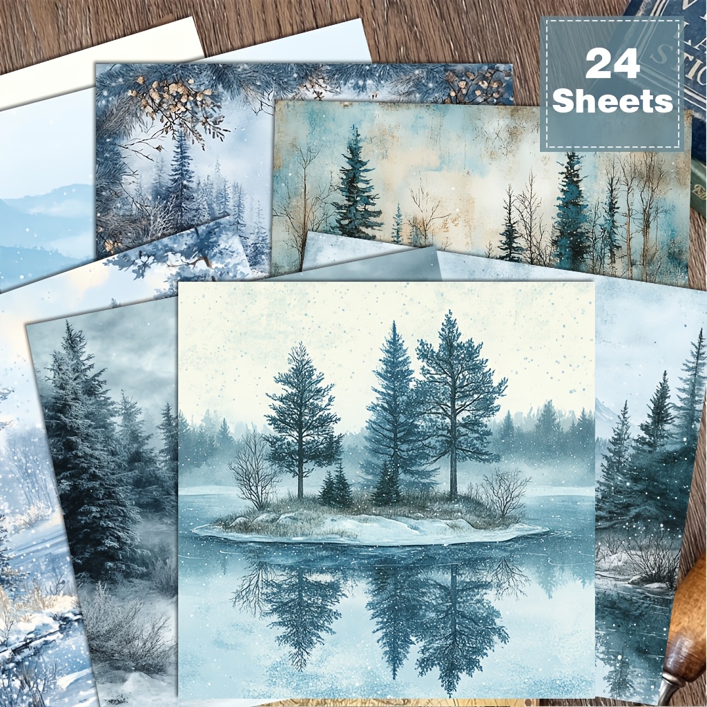 TEMU 24 Sheets Inches Winter Tale Style Scrapbook/notebook, Translucent Watercolor Snow Scene Illustrations Suitable For Collage, Christmas/winter