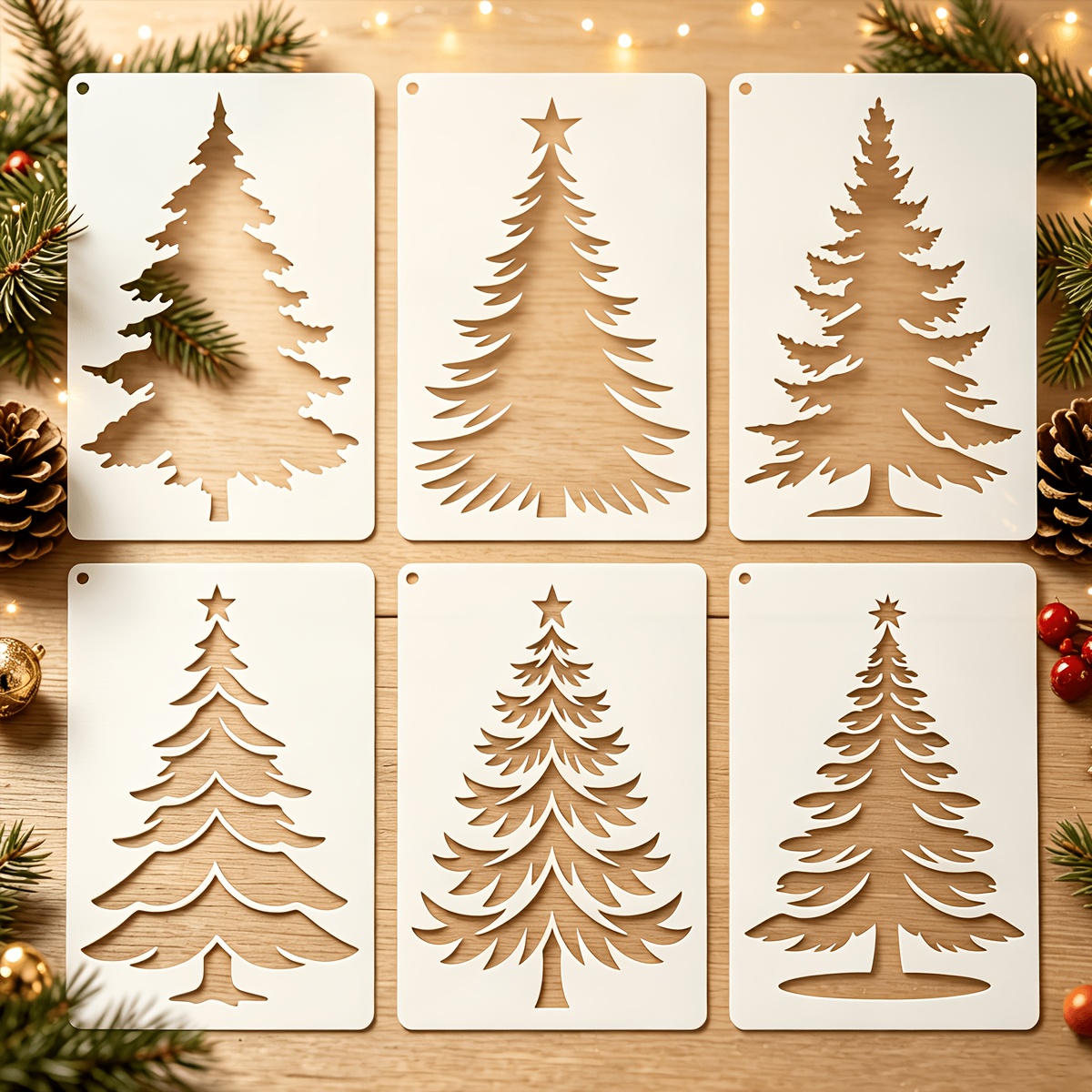 TEMU 6pcs Reusable Christmas Tree Stencents - Paintable Templates Suitable For Picture Frames, Crafts, Diy Holiday Decorations, Gift Box & Fabric