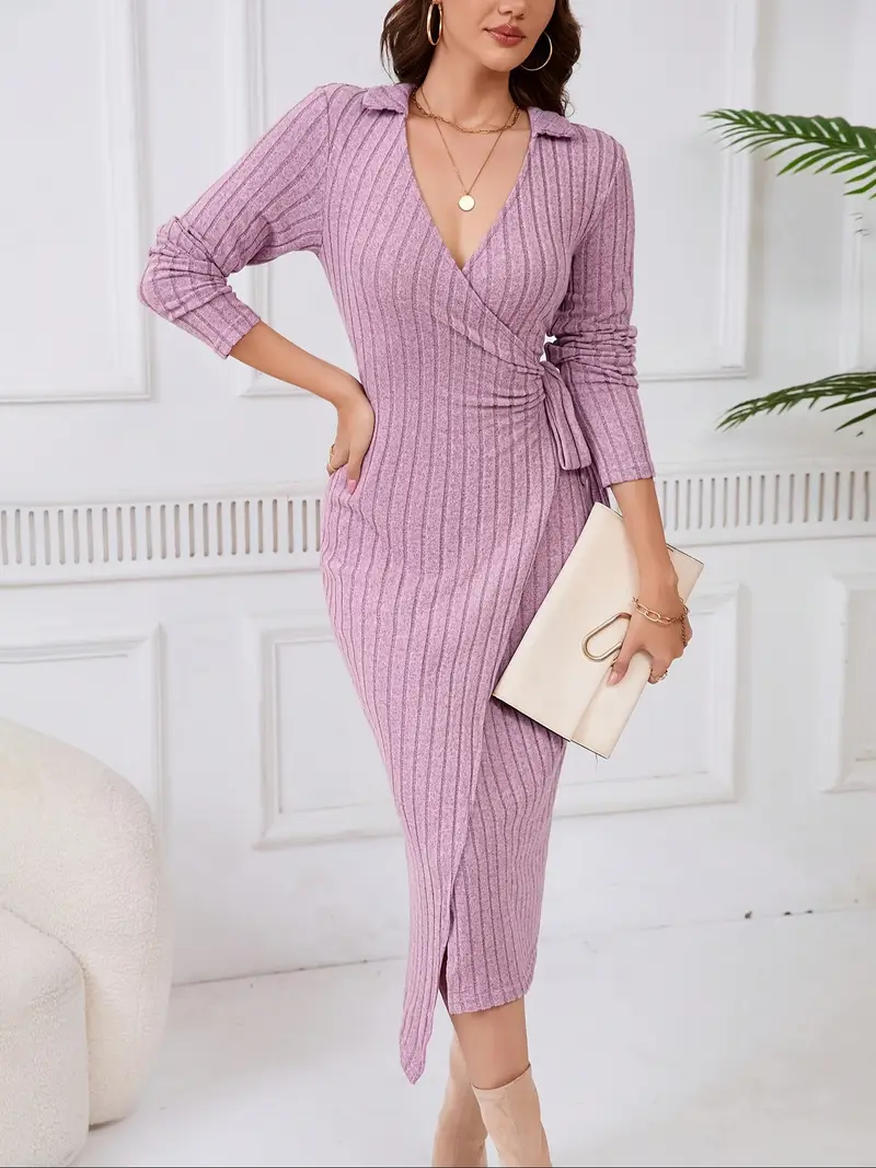 elegant lavender v neck long sleeve knit midi dress - Temu elegant lavender v neck long sleeve knit midi dress - Temu