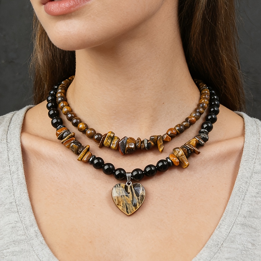 Women's Layered Long Necklace with Natural Stone Heart Pendant