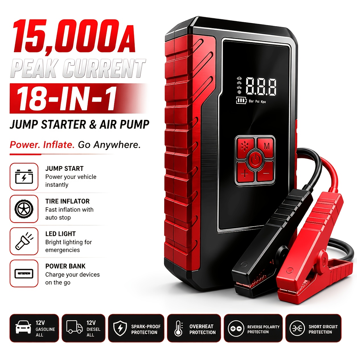 TEMU Alimentation d'urgence portable 12-en-1 avec démarrage, pic de 15000A, pompe à air, convient à tous les véhicules 12V, pompe à air pour pneus
