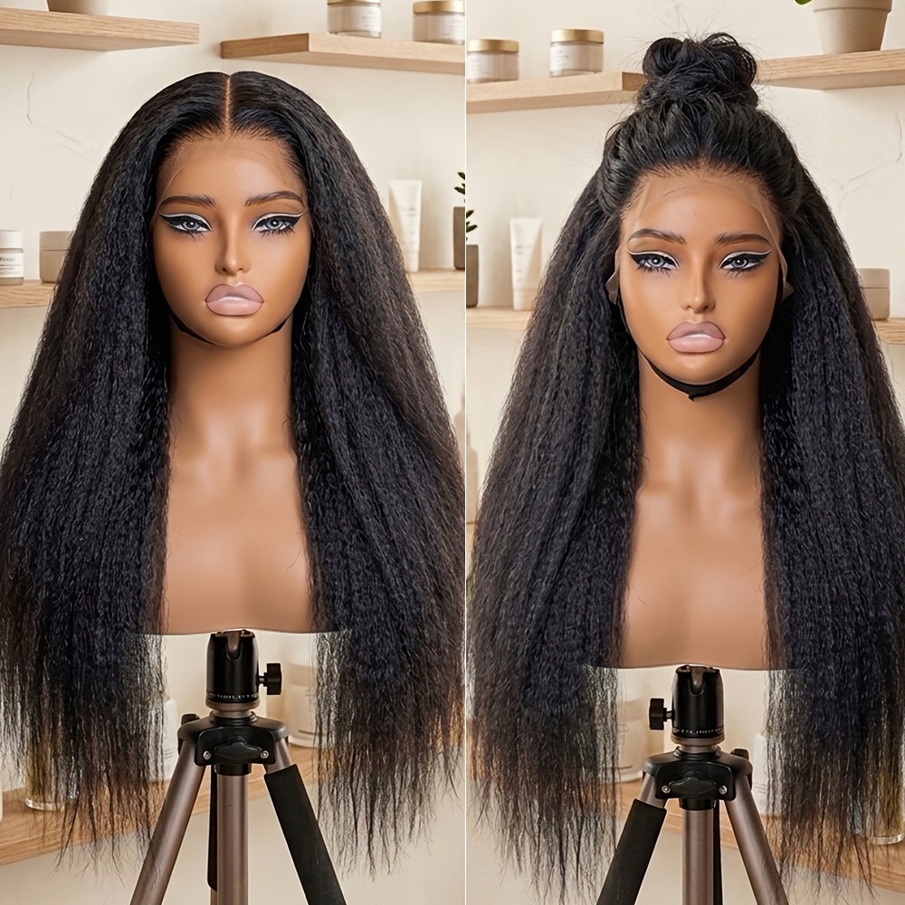 Image of Kinky Straight Synthetic Lace Front Wigs Hairline Soft Straight Lace Front Wigs For Women Long 30inch 180density 13x4 Free Part Black Color Glueless Synthetic Hair Lace Front Wig For Party Wear Wig