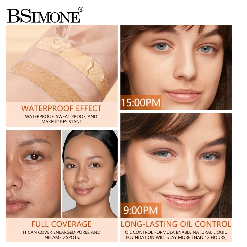 BSIMONE 1pc 24-Hour Long-Lasting Liquid Foundation, Professional Base Makeup, Sweat-Proof and Smudge-Proof, Strong Concealing Power, Easy to Apply, Minimizes Pores Without Feeling Heavy, Suitable for Dry, Oily, and Sensitive Skin, Stage Makeup - Image 8