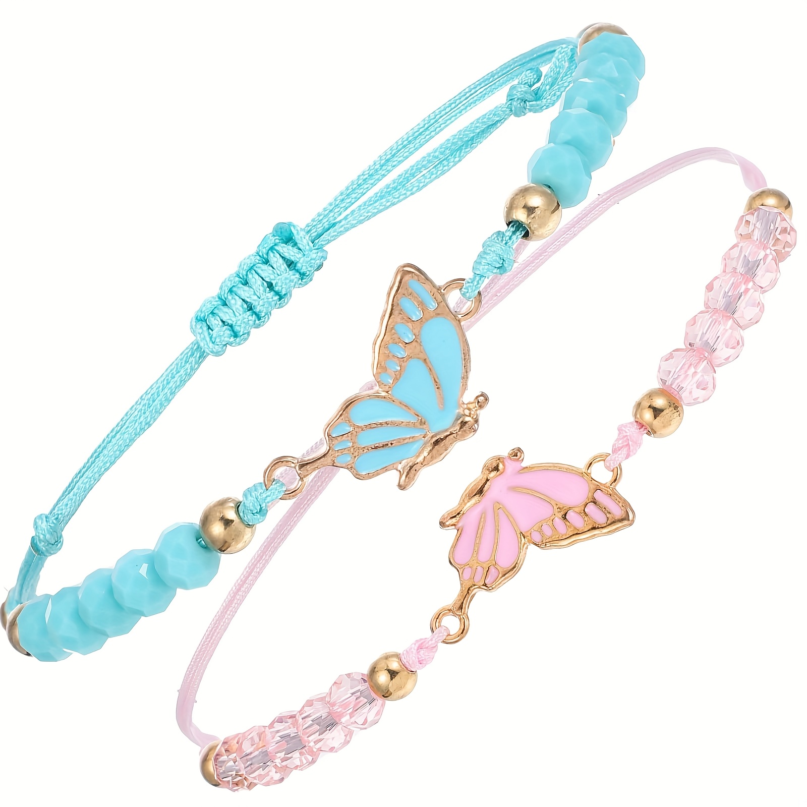 E-shop 2 passende geflochtene Armbänder mit lila, blau, rosa, weiß passenden Schmetterlingen, Freundschaftsarmbänder, verstellbare beste Freund