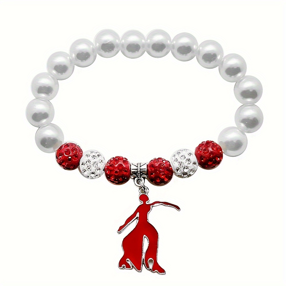 

Greek Letter Sorority Pearl Bracelet With Dancing Girl Charm - Red Simulated Pearl Bead Bracelet For Women