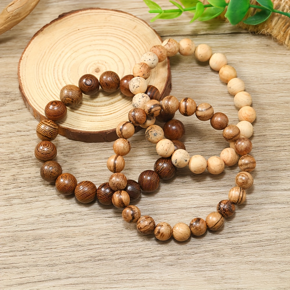 E-shop Handgefertigtes 3-teiliges Set europäischer amerikanischer Mode-Armbänder aus natürlichen Holzperlen Türkis, dehnbar, Holzperlen-Schmuck