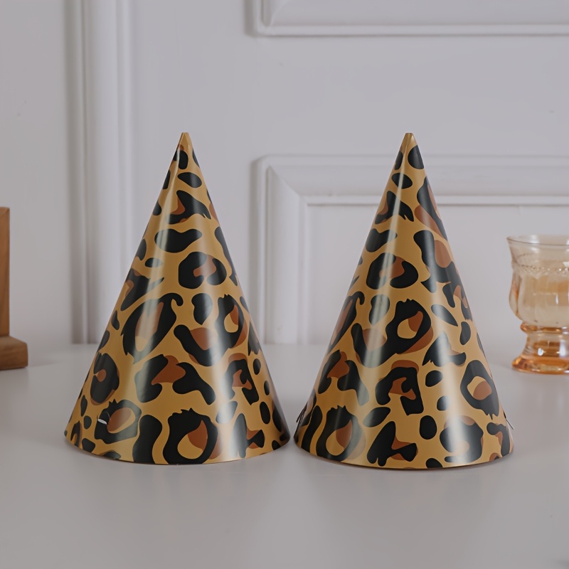 Image of 10pcs Wild Print Paper Hats - Disposable, High-quality Birthday & Outdoor Celebration Accessories In Leopard, Giraffe, Zebra Patterns - Perfect For Themed Events