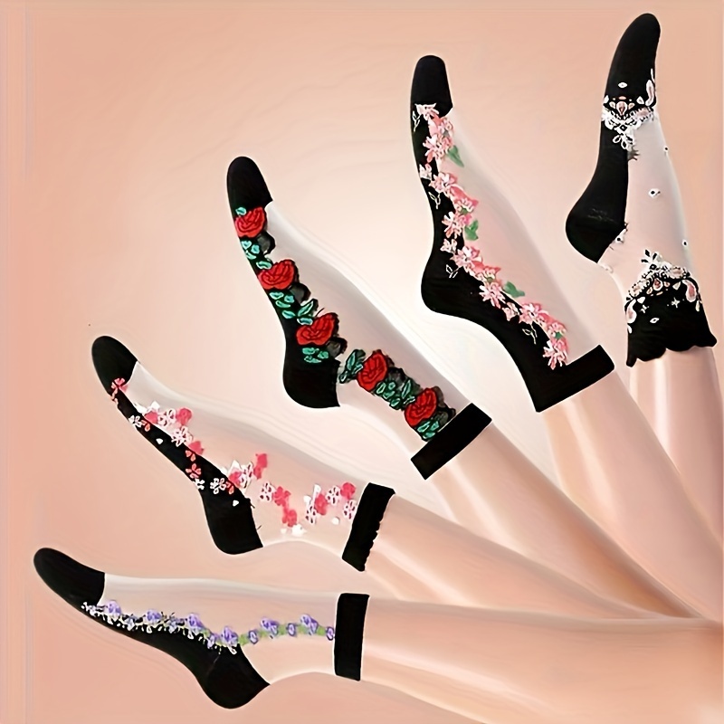 5 Pairs Floral Print Mesh Socks, Comfy & Breathable Sheer Low Cut