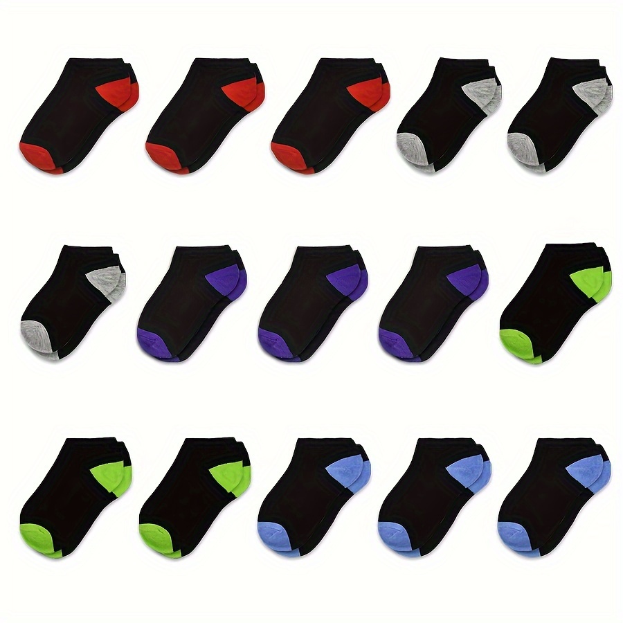 

15 Pairs Of Boy's Color Block Liner Anklets Socks, Comfy Breathable Soft Non Slip Socks Outdoor Wearing