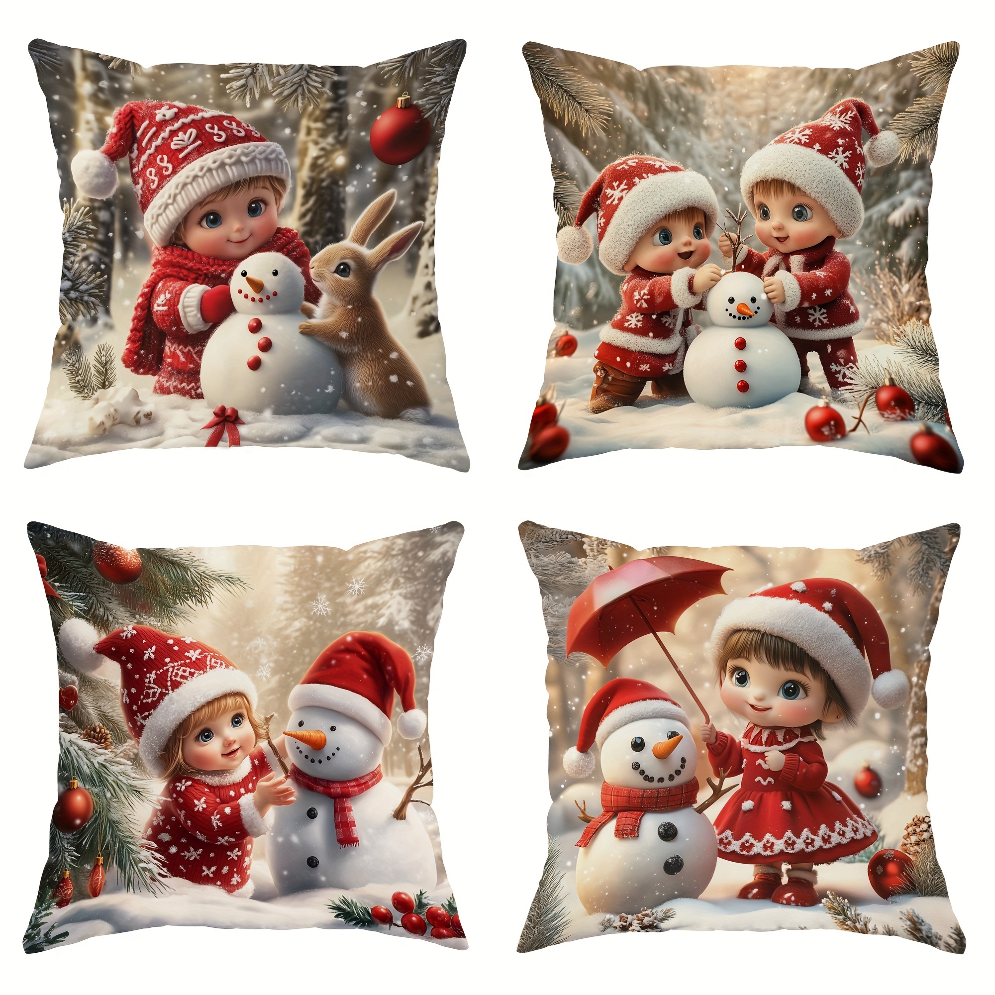 

4pcs Christmas Snowman & Rabbit , , Washable, , , One-sided , Inserts Not Included For , Sofa & Bedroom Decor