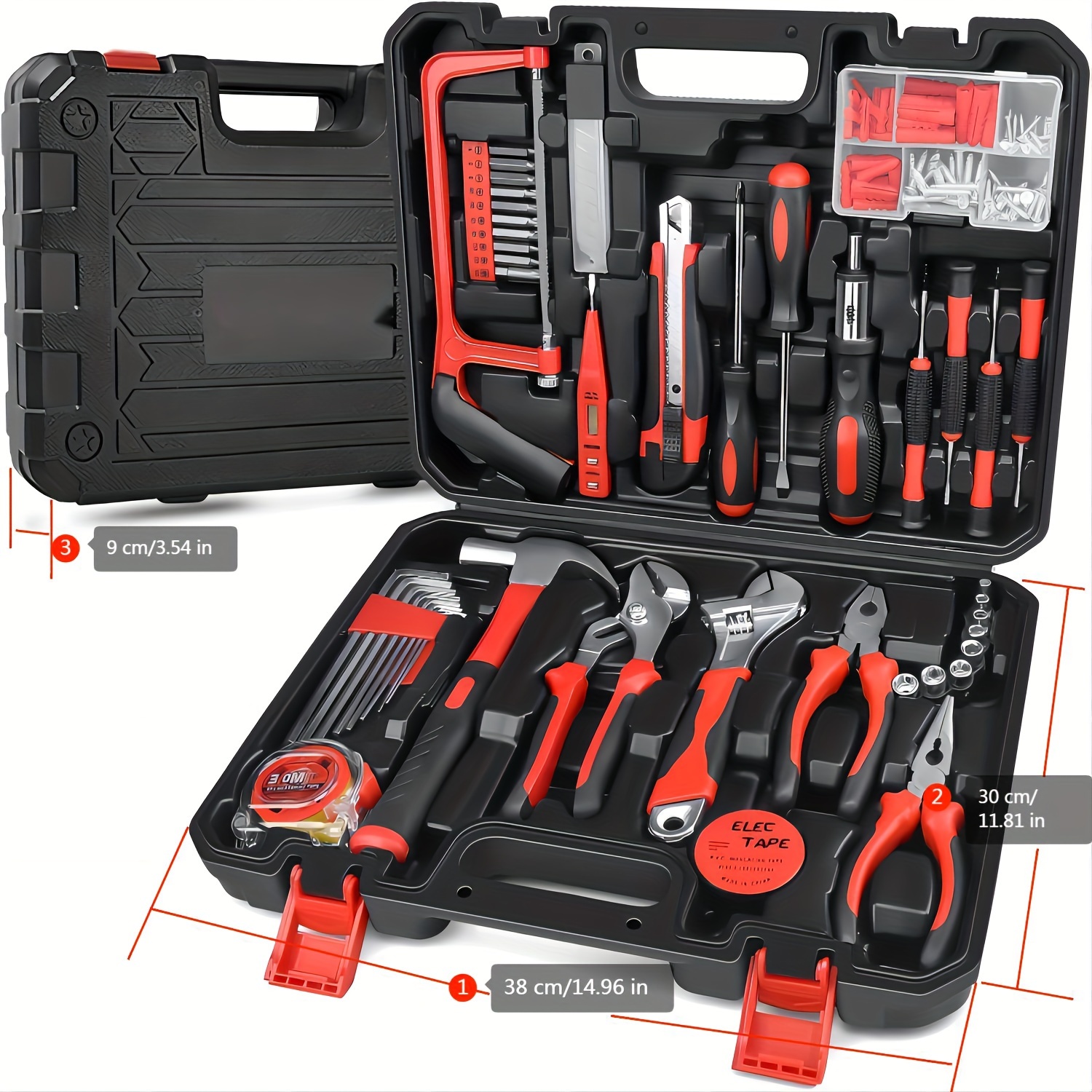 148pcs home tool kit complete hand repair set with portable case ratchet screwdriver pliers wrench tester perfect gift for diy enthusiasts men women red Product details 0