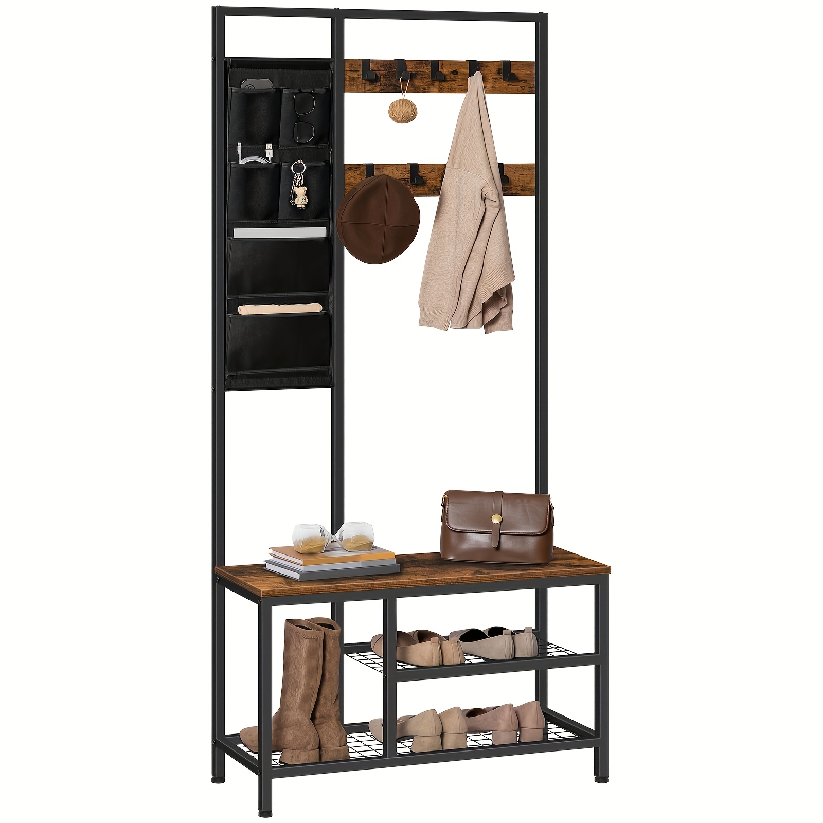 Coat Rack With 6 Pockets And 9 Hooks - Stylish Shoe Bench With Storage Space, Suitable For Entryway And Living Room Use