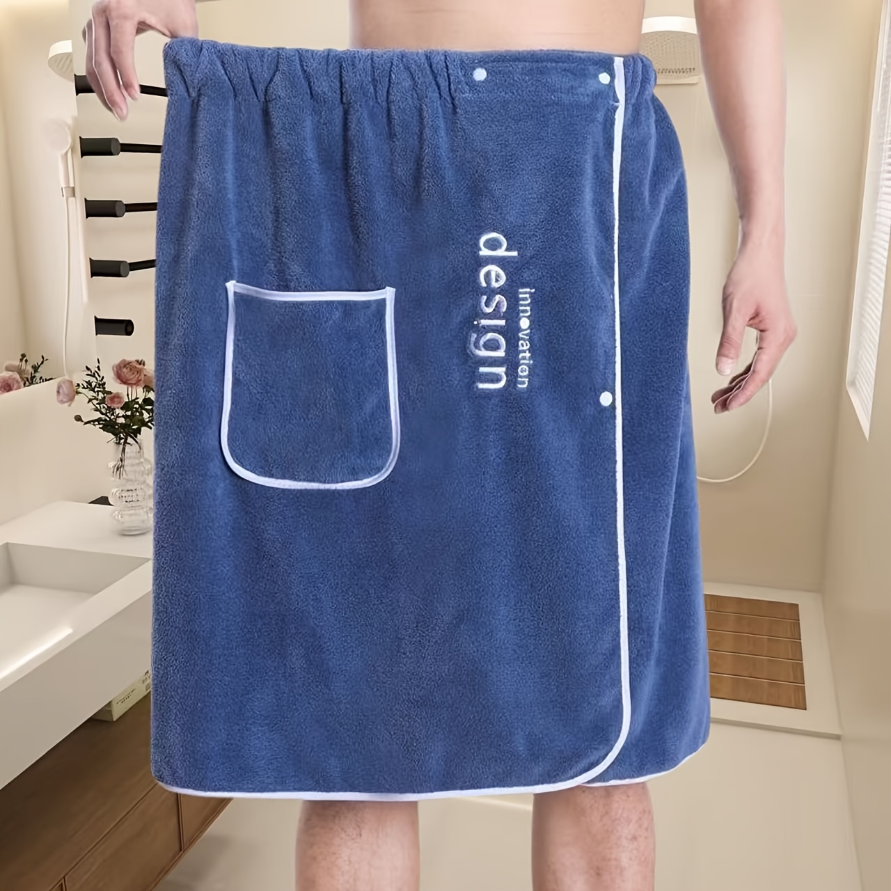 Image of Men's Coral Wearable Bath Towel - Embroidered "with Pocket" Bath Skirt - - Shower Skirt, Solid Towel, Adjustable, Fits All, Bathroom Supplies - Hotel Vacation - Spa Sauna Wrap - Home Bathing