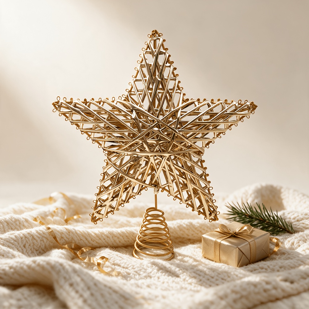 TEMU Étoile Dorée à Branches de 11,3 Pouces pour de Sapin de Noël, Ornement de d'Arbre Vintage en Métal , Convient , la Cheminée, les Arrangements de