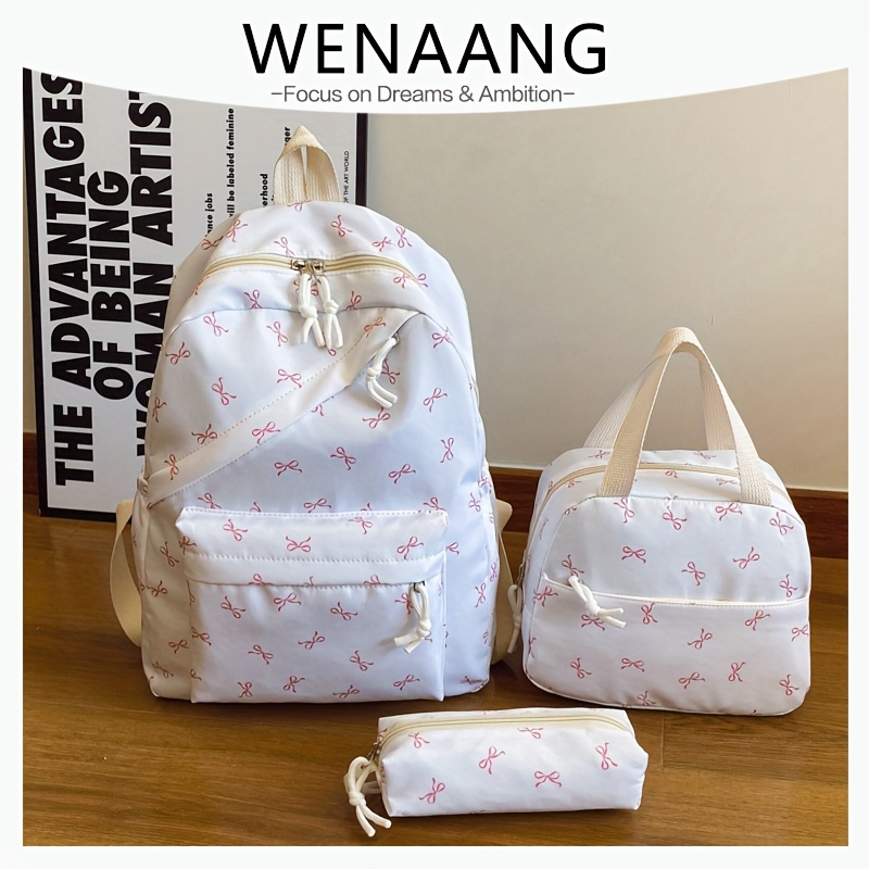 TEMU 3er Set Modischer Rucksack für Damen mit Schleifen-Print, Einfarbig, Leichtgewicht, Großes Fassungsvermögen, Verstellbare Schultergurte, Glattem