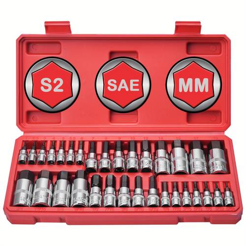 32pcs hex bit socket set sae metric 1 4 3 8 1 2 drive socket set s2 alloy steel bits with high socket nice gifts