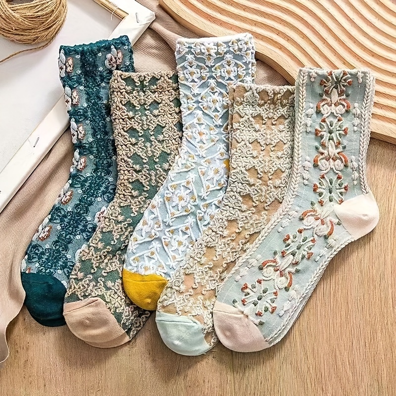 TEMU 5 Pairs Of Flower Socks Set, Women's Cute Flower And Geometric Pattern 3d Three- Ankle Socks Cotton Countryside Style Socks