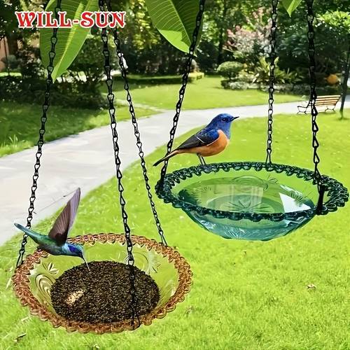 2 decorative hanging bird feeders with chains double bowl design suitable for outdoor gardens and yards attracting hummingbirds no electricity required durable plastic outdoor hummingbird feeders