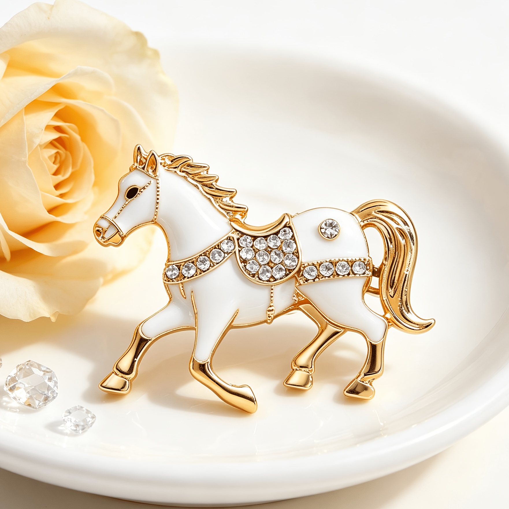 TEMU A Vintage White Horse Brooch. Made Of Golden Alloy, With White Glaze And Fully Set With Water Of Diamonds. An Elegant Animal-shaped Corsage For
